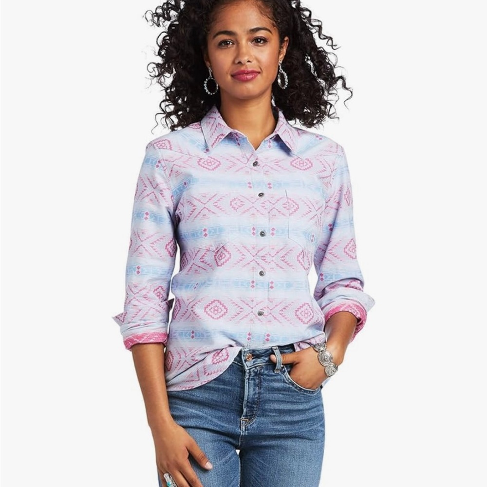 Ariat Women's Pink and Blue Geometric Button-Down Shirt